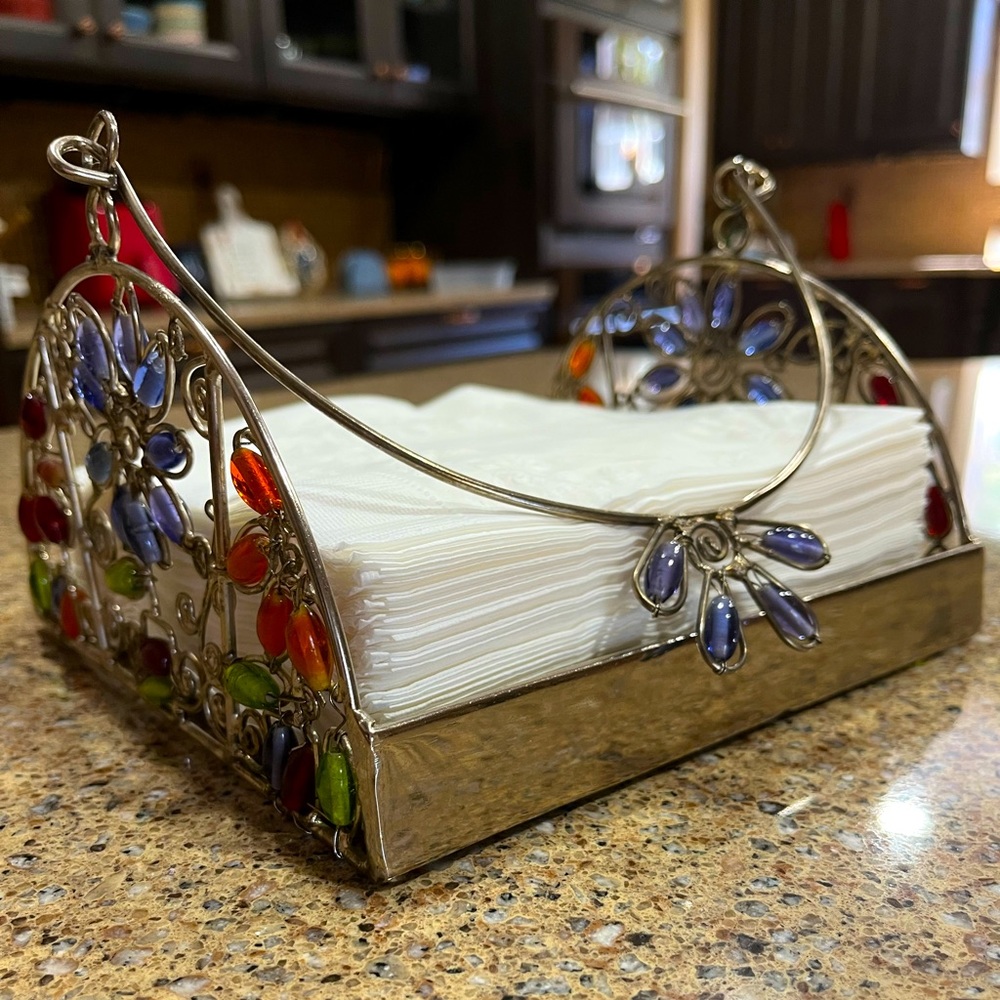 Vintage Glass Like Beaded Silver Napkin Holder with Beaded Handle - Picture 2 of 16